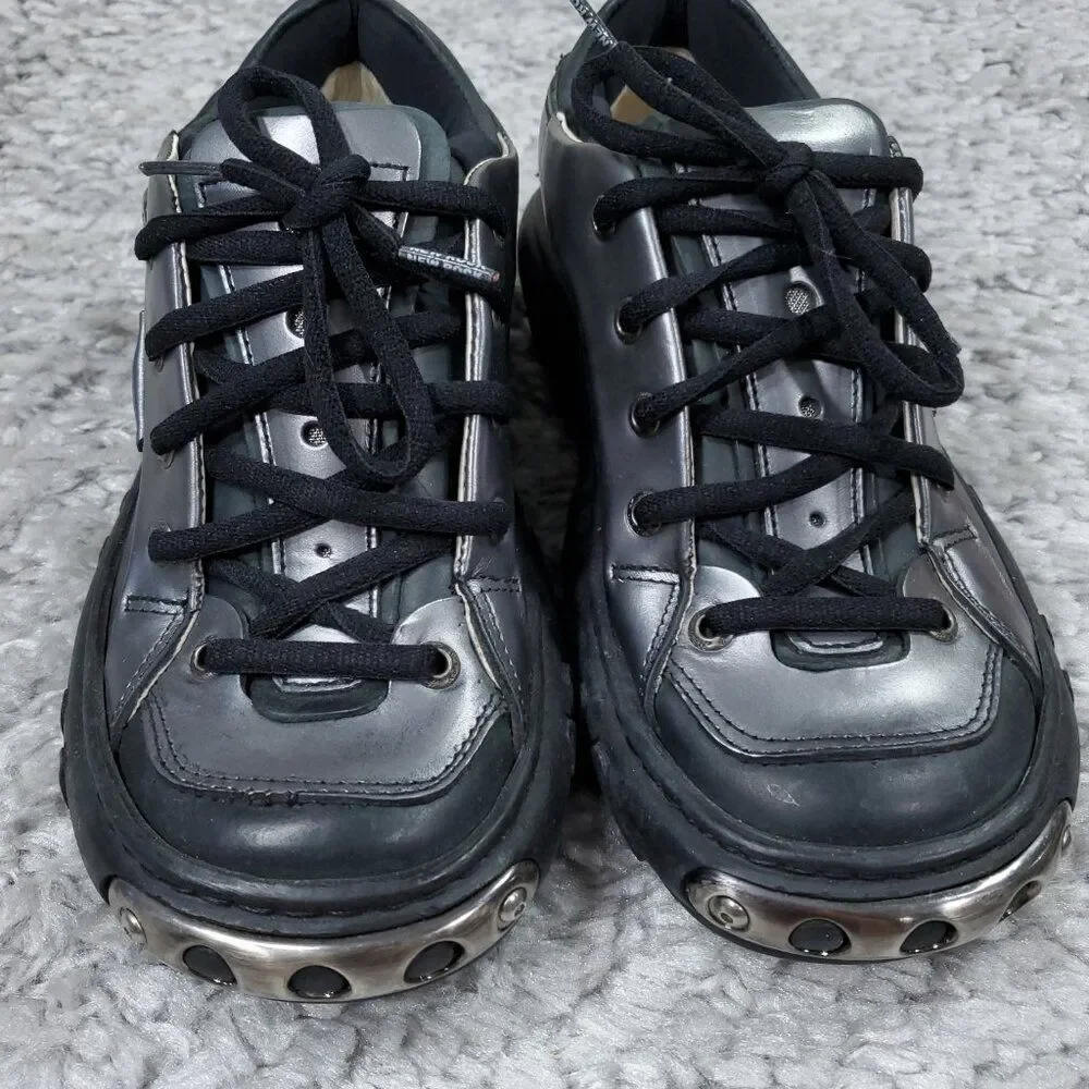 New Rock M.5514 Crater Gray Silver Black Metallic Leather Boots EU Size 39 Punk